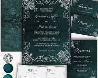 Emerald and Diamond Wedding Set, Vintage Emerald Silver Wedding Invite Set,  Printable Emerald Wedding Template, Wedding Emerald Silver Idea