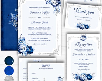 Royal Blue Silver Wedding Invitation Template, Blue and White Wedding Invitation Template, Navy Blue and Silver Wedding Template Ideas