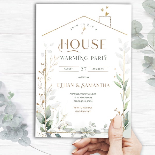 Housewarming Invitation, Greenery Gold Home Sweet Home Invite, Editable House Warming Invitation,  Home Sweet Home Invitation, New Home