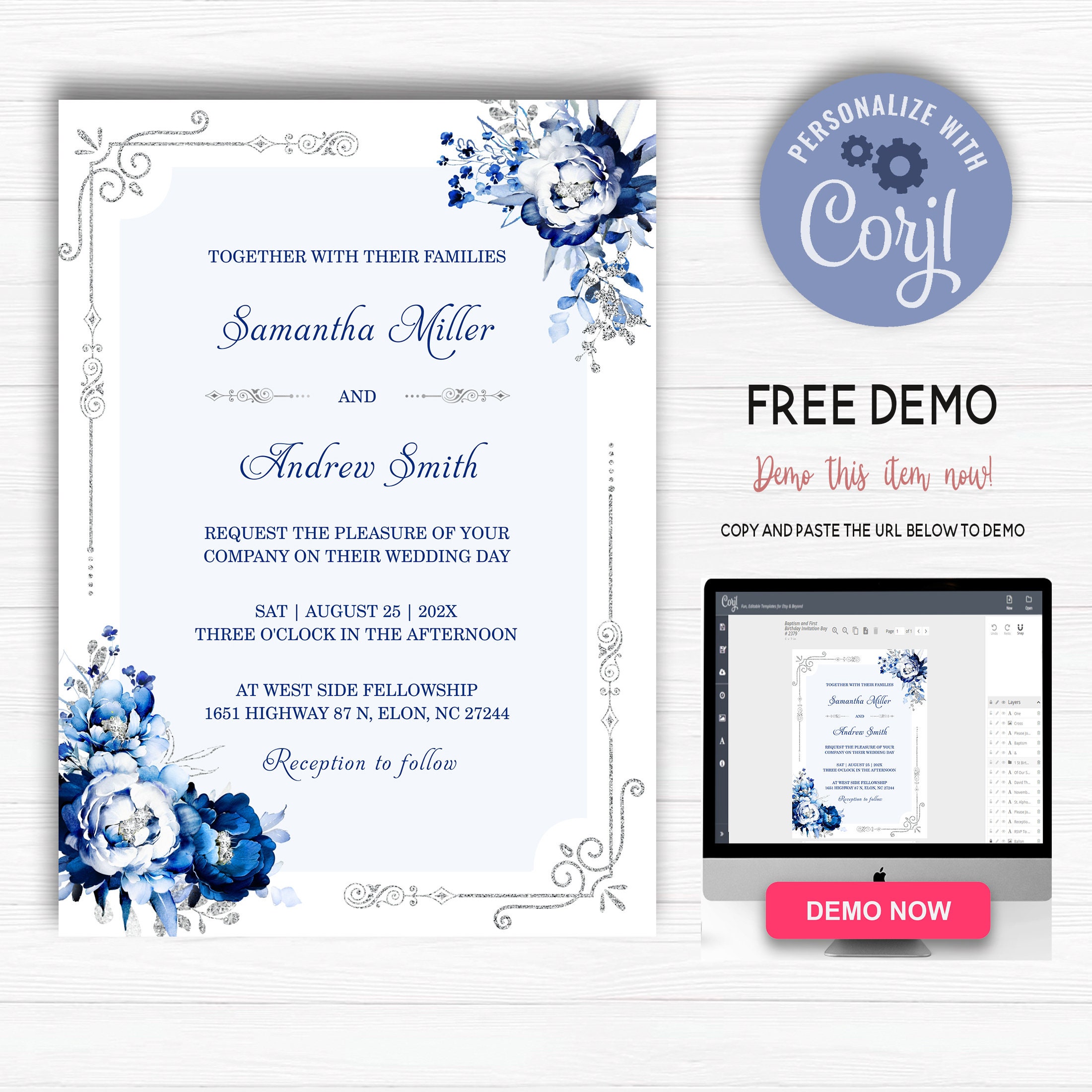Royal Blue Silver Wedding Invitation Template, Blue and White Wedding