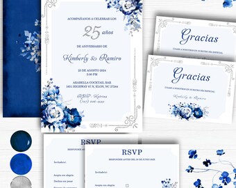 Spanish Anniversary, Invitaciones de plata para las 25 bodas, Diseños únicos tarjeta aniversario boda acuarela, Invite de boda aniversario