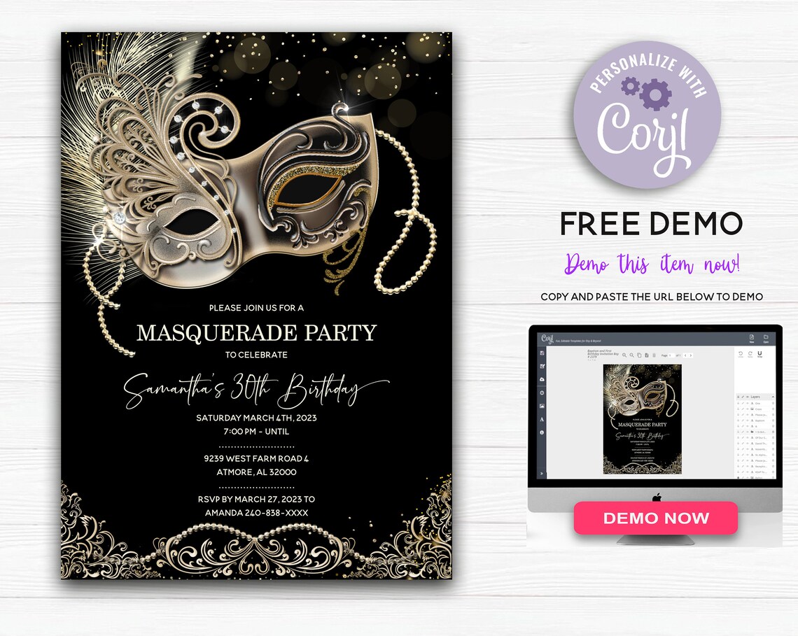 Editable Themes for Masquerade Party, Birthday Masquerade Party, Masquerade Ball Invitation ...