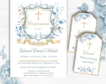 Confirmation Invitation Monogram Boy, Editable Confirmation Blue and gold Monogram  invites, Printable Confirmation Boy Template Invitation