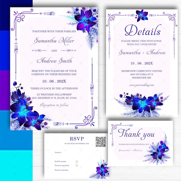 Invitations de mariage d’orchidée bleue galaxie, invitations de mariage bleues et violettes, ensemble de mariage d’orchidée bleue violette, invitation de mariage de lys bleu violet