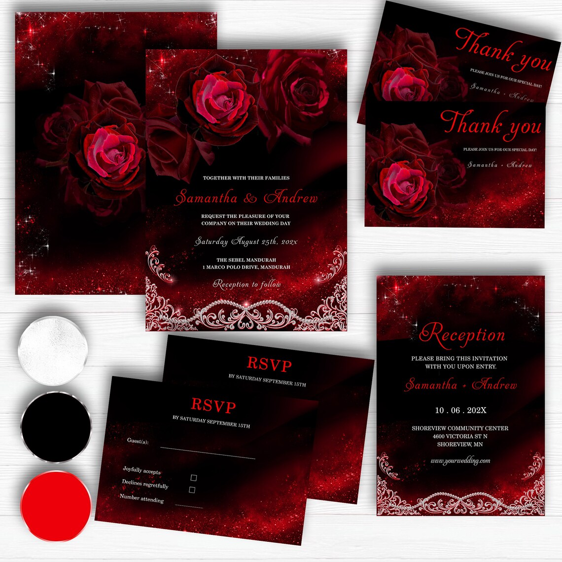 White Red and Black Weddings Theme, Editable Wedding Red and Black Set, Red and Black and White ...