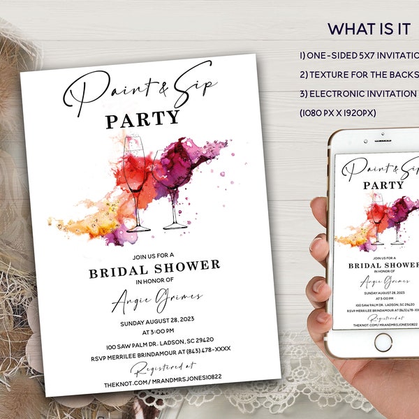 Paint and Sip Bridal Shower Invitation, Paint and Sip Invitation Template, Sip And Paint bridal shower invitations, Paint and Sip Invitation