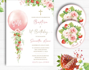 Baptism and First Birthday Strawberry Invitation, Editable Strawberry Baptism and 1st birthday invite printable, baptism first birthday girl