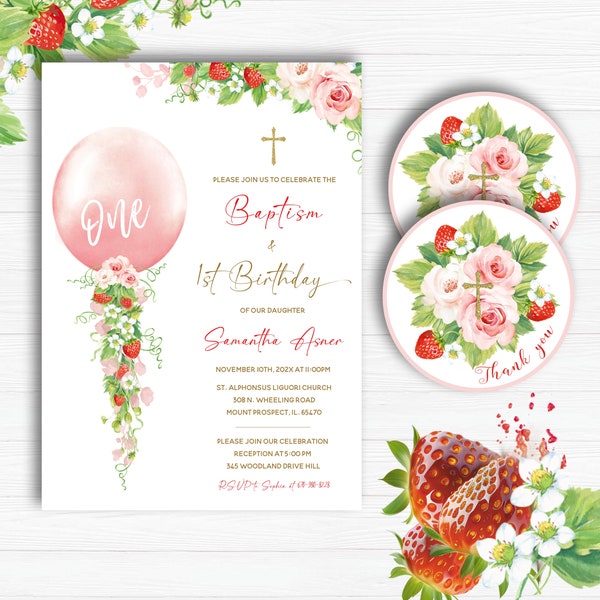 Baptism and First Birthday Strawberry Invitation, Editable Strawberry Baptism and 1st birthday invite printable, baptism first birthday girl