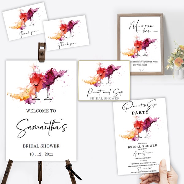 Paint and Sip Bridal Shower SET, Paint and Sip Invitation Template, Sip And Paint Mimosa bar, Paint and Sip Welcome Sign