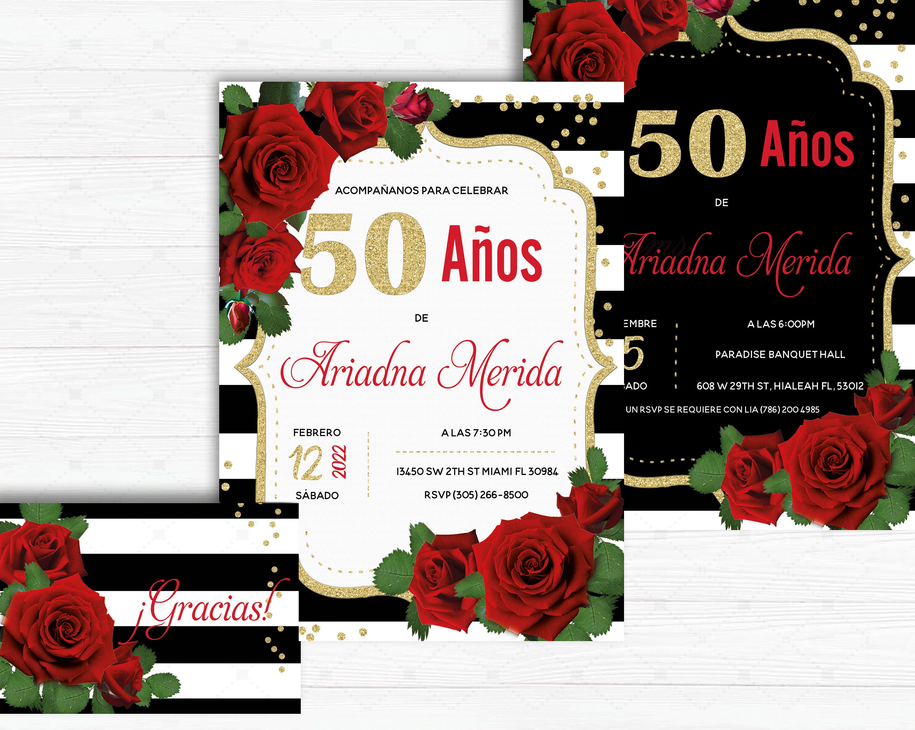 Invitación De 50 Años Mujer, SPANISH 50th Birthday Invitation, 50 Años  Cumpleaños Adulto Mujer, Invitaciones De Oro Rojo, ANY AGE 