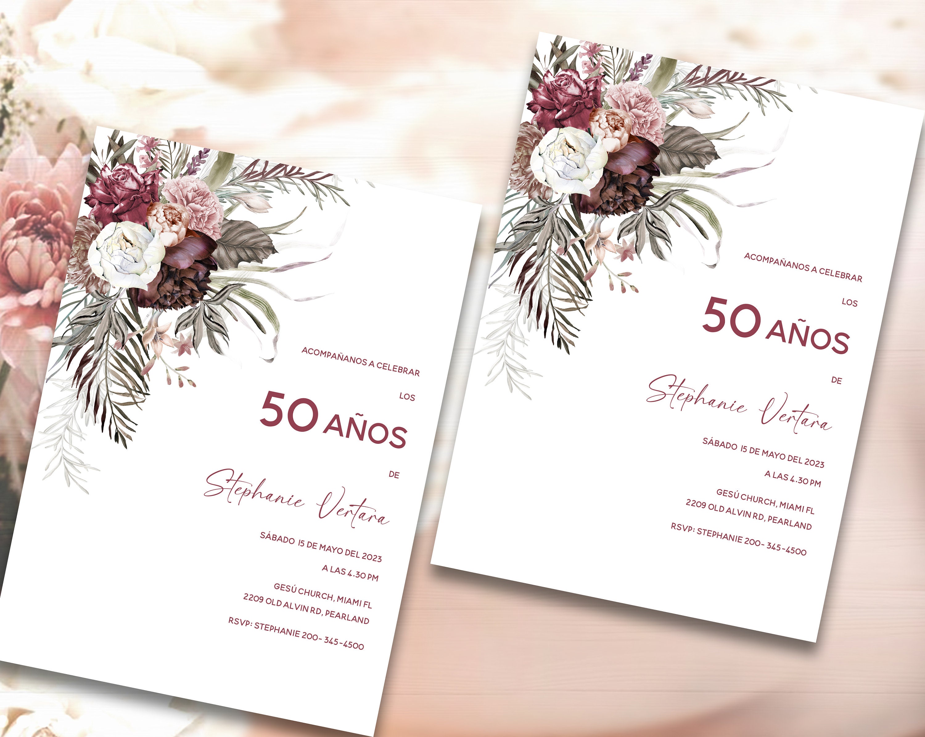 Invitación De 50 Años Mujer, SPANISH 50th Birthday Invitation, 50 Años  Cumpleaños Adulto Mujer, Invitaciones De Oro Rojo, ANY AGE 