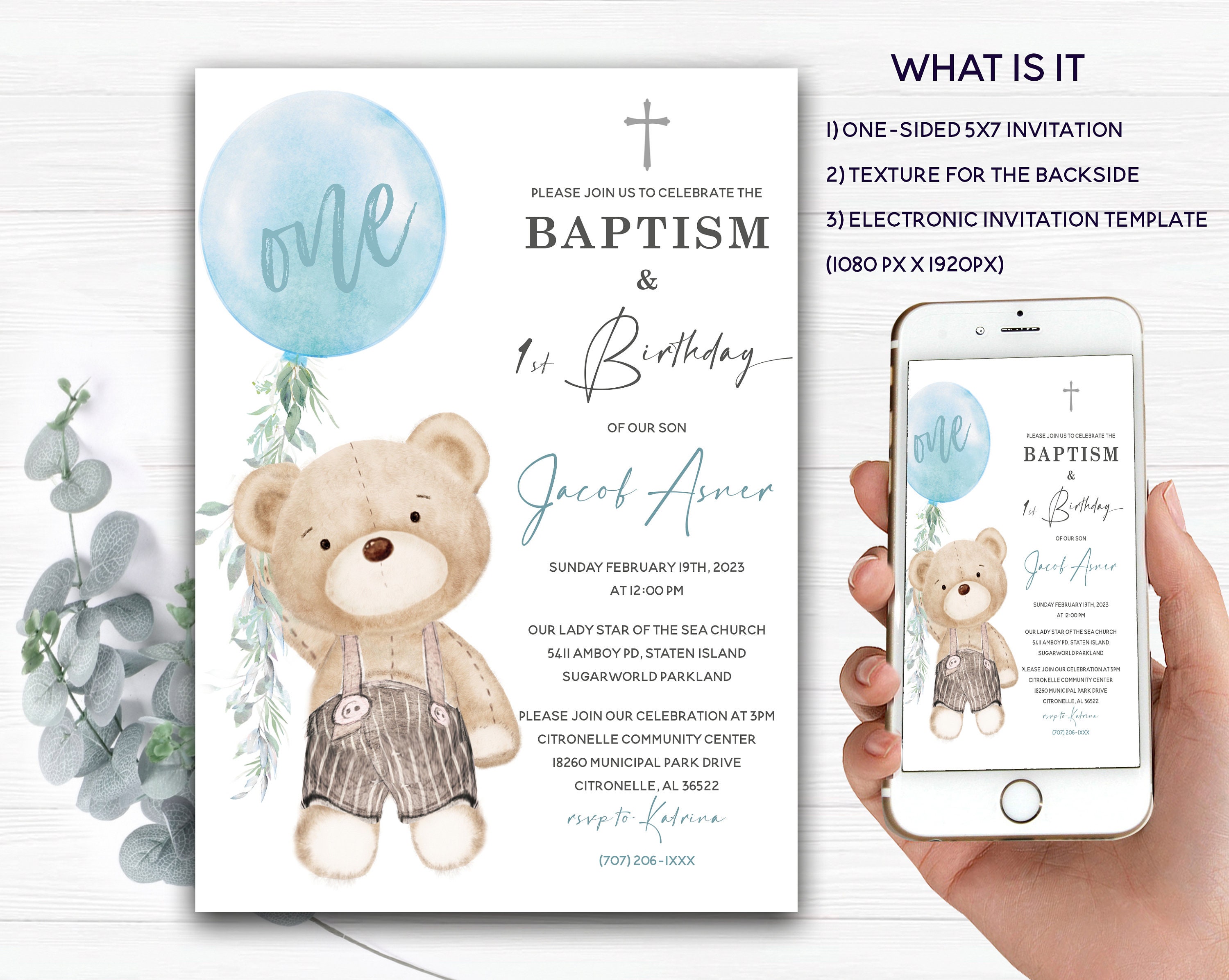 Baptism and First Birthday Invitation Boy, Editable Baby Boy First Birthday and Baptism