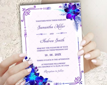 Galaxy Blue Orchid Wedding Invitations, Blue and Purple Wedding Invitations, Purple Blue Orchid Wedding, Purple Blue lily Wedding Invite