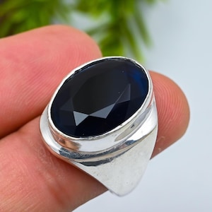 Blue Sapphire Gemstone Silver Men Rings, Mens Blue Sapphire Ring, Handmade Silver Jewelry, Unique Men Ring, Father&#39;s Day Gift, Gift Ring