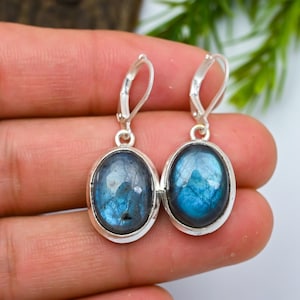 Peut inclure: Une paire de boucles d'oreilles en labradorite de forme ovale avec un sertissage argenté. Les boucles d'oreilles sont dotées d'une fermeture à levier et présentent une couleur bleu et gris chatoyante.