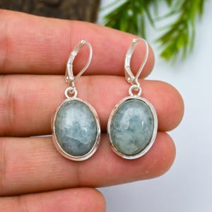 Può includere: Un paio di orecchini a leva in argento con pietre preziose ovali verde-azzurro pallido. Le pietre preziose traslucide sono incastonate in una lunetta d'argento. Gli orecchini sono presentati su uno sfondo neutro.