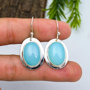 Blue Chalcedony Gemstone Handmade 925 Sterling Silver Jewelry Earring 925 Stamped Gemstone Blue Chalcedony Silver Fine Earring Gifts For Her