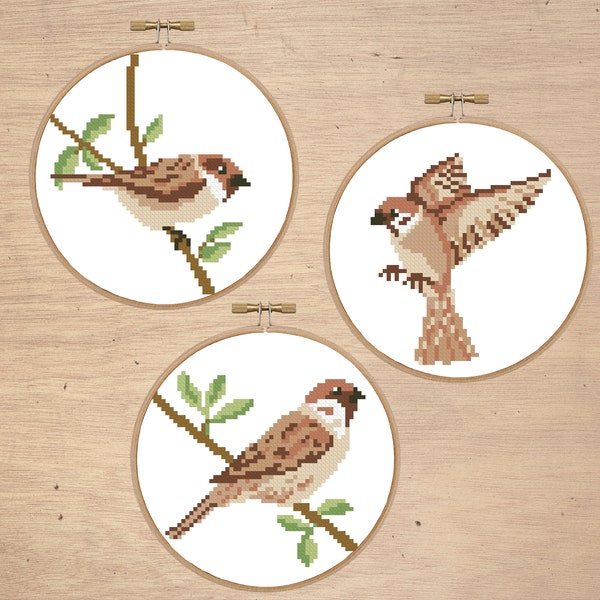 Sparrow set cross stitch pattern Birds design Sparrows in hoops cross stitch Animal pdf pattern Nature cross stitch Modern cross stitch