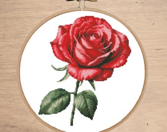 Kreuzstich-Muster Rote Rose: Florales Stickmuster (PDF-Muster)
