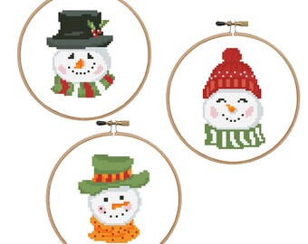 Snowmen in Hats Cross Stitch Pattern Set: Easy Christmas design (PDF Pattern)