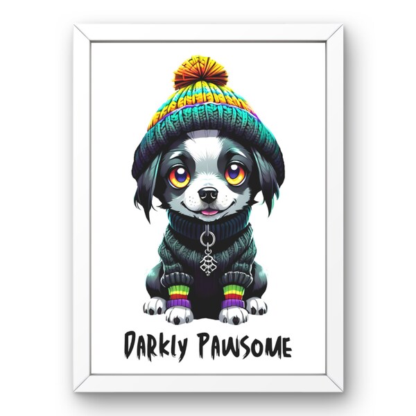 Darkly pawsome puppy print. Cute pupp print art. Gothic print in PNG. Puppy in cap print. Wall printable art