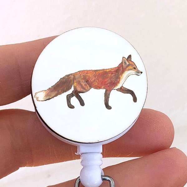 Fox badge reel, walking fox ID badge holder, realistic red fox, gift for nurse, tech, teacher, wildlife nature badge reel, artistic badge