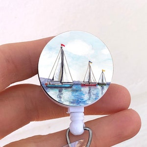 Sailboat scene badge reel, sailboat ID badge holder, nautical, gift for nurses, teachers, medical personnel, summer theme badge reel