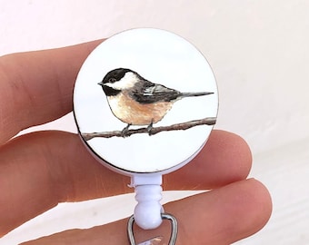 Chickadee badge reel, chickadee bird ID badge holder, , nature giftbird lover gift, for nurse, teacher, medical tech, black capped chickadee