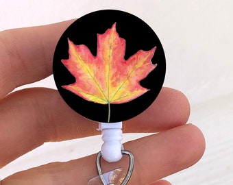 Maple leaf badge reel, autumn leaf badge holder, fall accessory for nurse, RN, LPN, medical personnel, retractable, swivel clip, realistic
