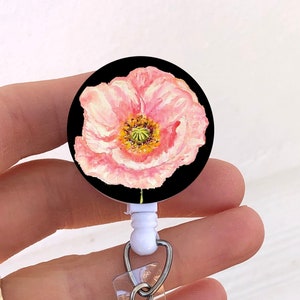 Poppy flower badge reel, poppy ID holder, pink flower badge reel, August birth flower, artistic badge holder for nurse, teacher, gift
