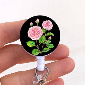 Rose badge reel, June birth flower badge reel ID holder, pink roses, gift for nurse, teacher, technician, June birthday gift