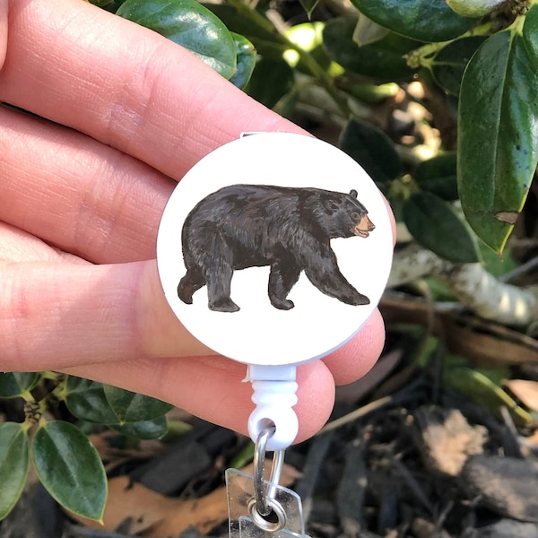 Bear badge reel, black bear ID badge holder, wildlife nature gift for nurse, murse, medical, accessory, retractable, swivel clip