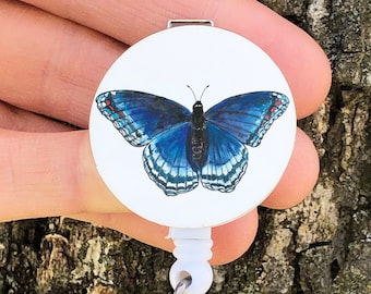 Blue butterfly badge reel, butterfly ID badge holder, realistic, butterfly gift for nurse, teacher, medical tech, insect badge holder