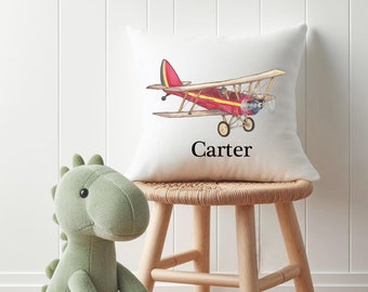 Personalized  biplane pillow, airplane throw pillow, baby boy room decor, vehicles nursery, baby shower gift, vintage biplane, pilot gift