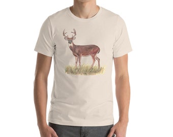 T camicia di cervo, camicia buck, t-shirt da cervo, camicia per animali selvatici, regalo naturalistico, dimensionamento unisex, stampa di cervi acquerello, fauna selvatica della foresta animale boschiva