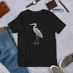 Heron shirt, great blue heron t shirt, watercolor heron, for men and women, full color print tee, coastal wildlife, nature, bird t shirt