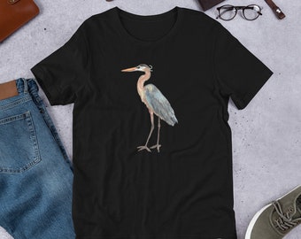Heron shirt, great blue heron t shirt, watercolor heron, for men and women, full color print tee, coastal wildlife, nature, bird t shirt