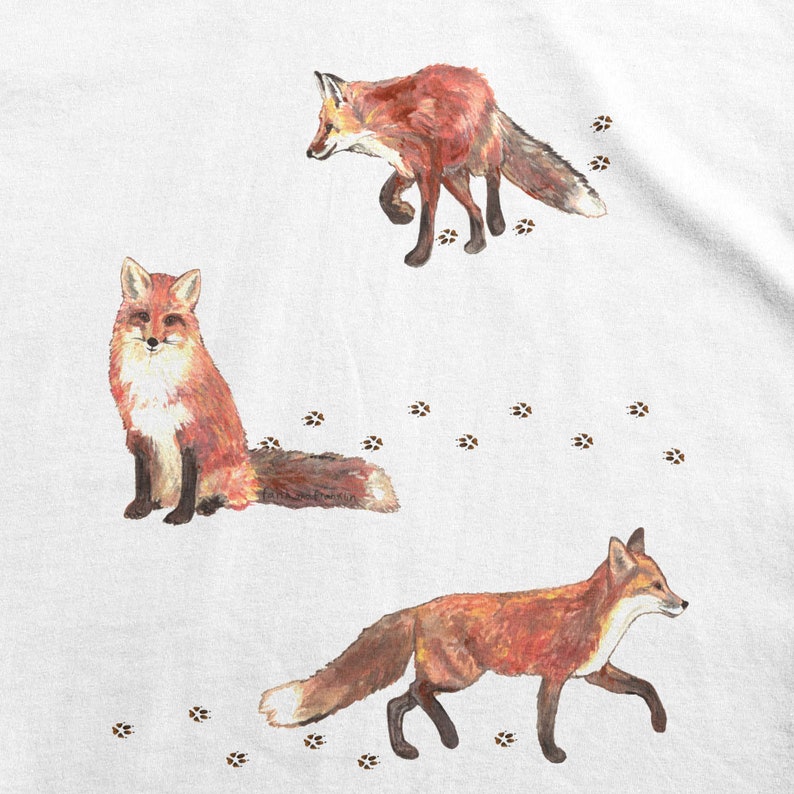 May include: Three red foxes walking on a white background with brown paw prints. The foxes are walking in different directions. The background is a light gray.