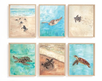 Sea turtle print set, beach house wall decor, set of six original sea turtle prints, unframed, coastal art, ocean wall art, nursery wall art