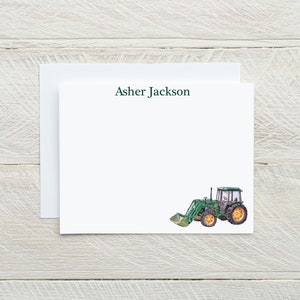 Tractor gepersonaliseerd briefpapier, groene en gele tractor, jongens briefpapier, tractorkaarten, boerderijthemafeest, tractor bedankkaarten, cadeau