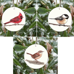 SET of 3 bird ornaments, realistic bird Christmas ornaments, cardinal, chickadee, wren, cottagecore, natural decorations, birdwatcher gift