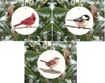 SET of 3 bird ornaments, realistic bird Christmas ornaments, cardinal, chickadee, wren, cottagecore, natural decorations, birdwatcher gift