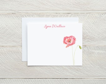 Personalized poppy stationery, poppy print flat cards with envelopes, poppy notecards, custom name cards for women, floral poppy flower