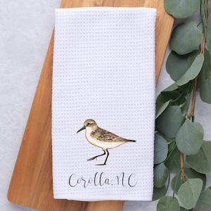 Personalized sandpiper kitchen dish towel, beach waterbird wildlife tea towel, housewarming gift, beach house decor, customized bird towel