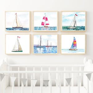 SET of 6 sailboat prints, sailboat wall art, sailboat nursery art, nautical nursery decor, lake life, coastal wall art, beach house prints
