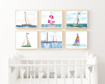 SET of 6 sailboat prints, sailboat wall art, sailboat nursery art, nautical nursery decor, lake life, coastal wall art, beach house prints