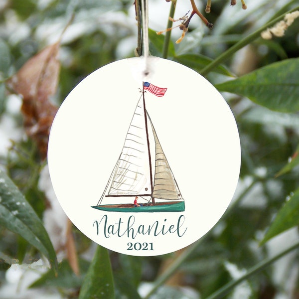 Sailboat ornament, personalized with name and year, lake life, nautical theme, vehicle theme, sailing, customizable boat ornament