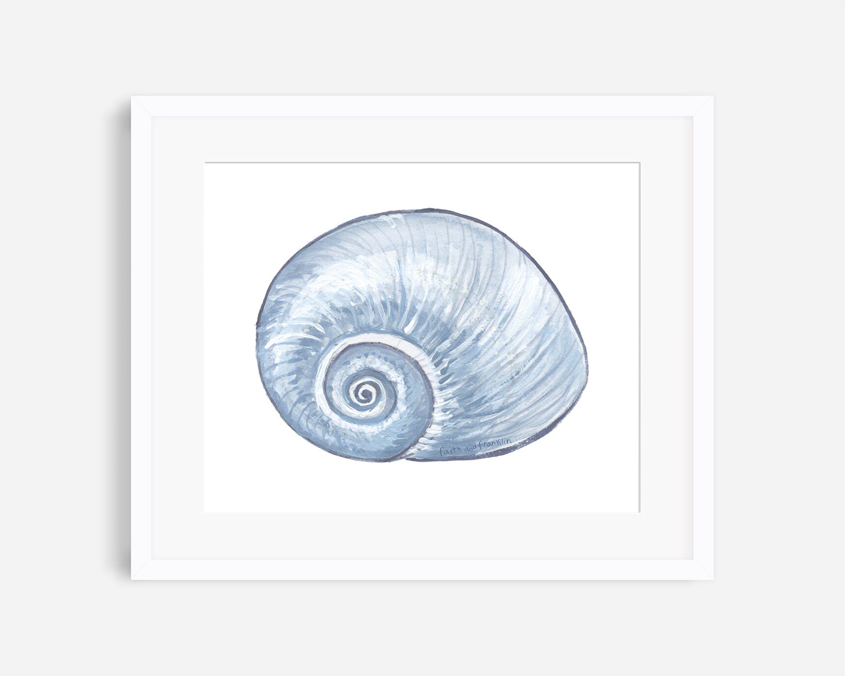 Moon shell print, blue seashell print, blue and white shell art, seashell print set, seashell painting, beach house print, beach wall decor