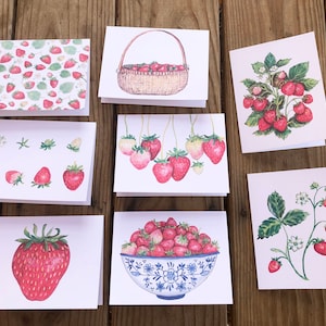 Cartes pour correspondance aux fraises, lot de 8 cartes avec enveloppes, fraises dans un panier, dans un bol, papeterie à imprimé fraises, cadeau pour la fête des mères