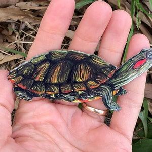 Turtle sticker, red eared slider, water resistant, animal decal, realistic wildlife, nature gift, laptop, scrapbook, tumbler sticker